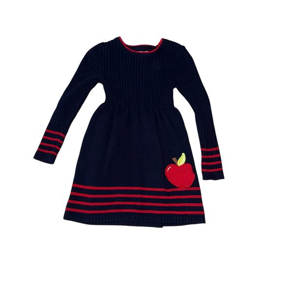 Cynthia Rowley Girl’s Navy Blue Red Apple Long Sleeve Sweater Dress Size Small